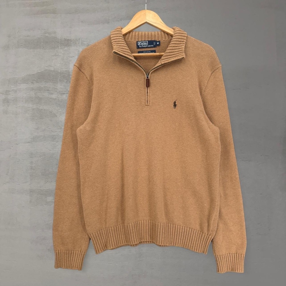 Polo Ralph Lauren Quarter Zip Sweater Camel Tan Cotton Knit Pony Logo Medium
